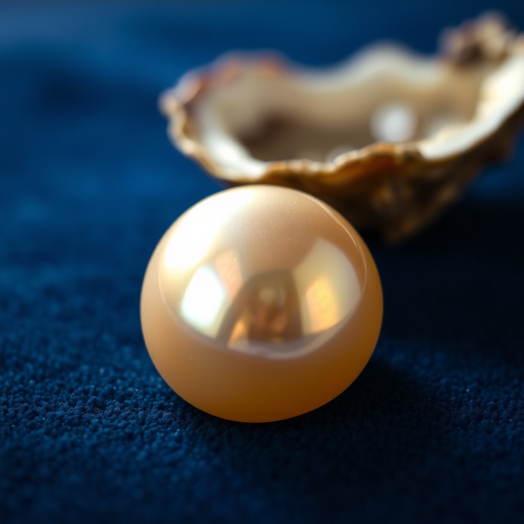 Gros plan d'une perle de Bahreïn naturelle au lustre éclatant, aux reflets dorés et rosés, posée sur un velours sombre, avec une coquille d'huître en arrière-plan.