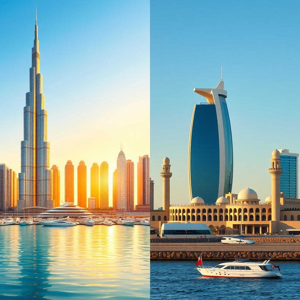 Comparative view of Dubai and Bahrain skylines highlighting differences in architecture and lifestyle for Bahreïn vs Dubaï