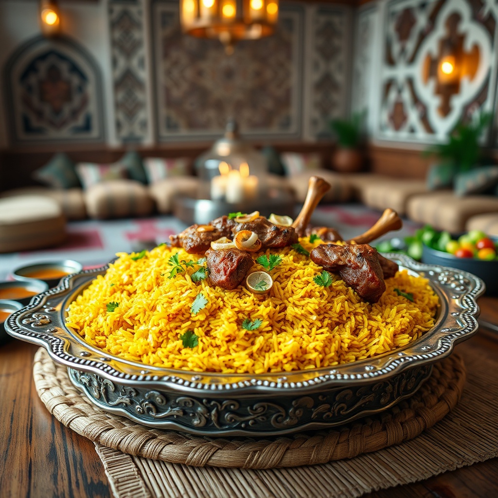 Traditional Bahraini Machboos lamb and saffron rice platter, a signature dish among the best foods in Bahrain, served with daqoos and fresh herbs in a cultural setting