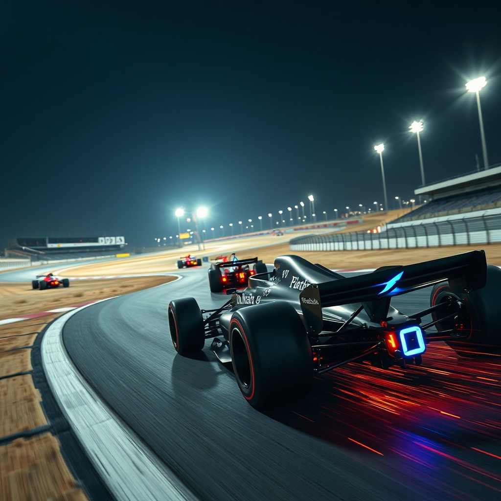 Formula 1 Bahrain Grand Prix night race at Sakhir Circuit, with futuristic hybrid cars speeding under floodlights, desert backdrop and glowing technology