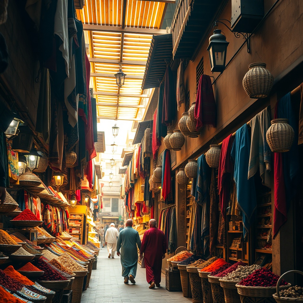 Souks de Bahreïn : ruelles animées du Manama Souq, entre étals d'épices colorées, étoffes suspendues et lanternes traditionnelles