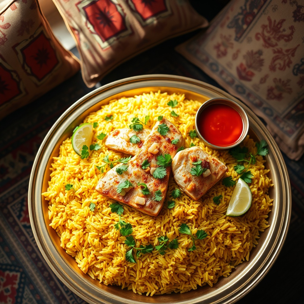 Traditional Bahraini cuisine machboos with saffron rice and hammour fish, served on a communal platter in a family majlis setting