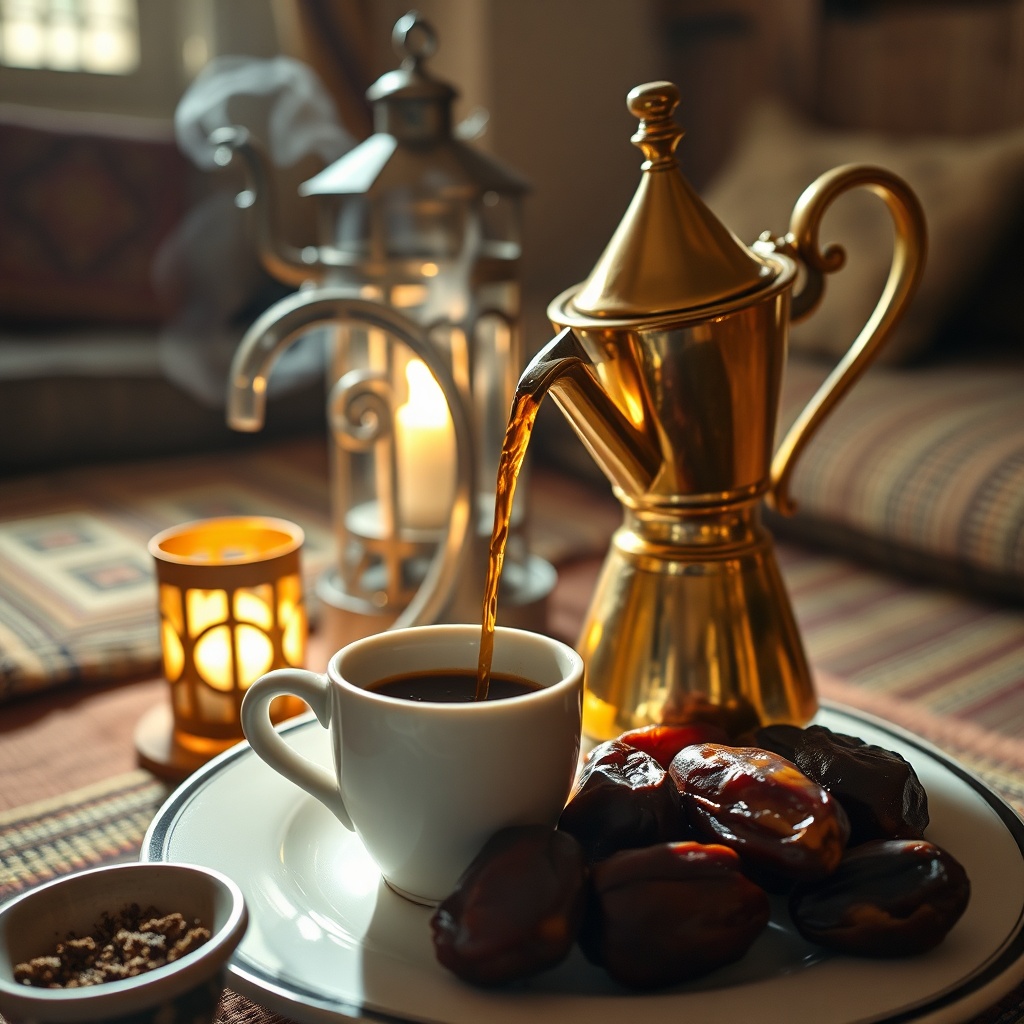 Hospitalité bahreïnienne : café arabe versé d'une dallah en laiton, accompagné de dattes fraîches et d'épices, dans un cadre traditionnel du Golfe.