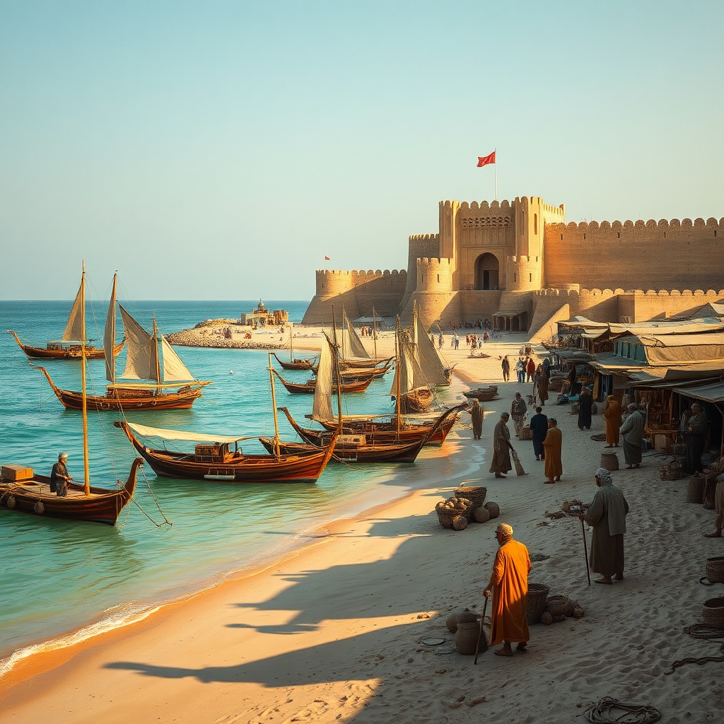 Vue artistique de l'histoire de Bahreïn avec un port antique de la civilisation de Dilmun, des boutres traditionnels et des marchands échangeant des perles dans une lumière dorée.