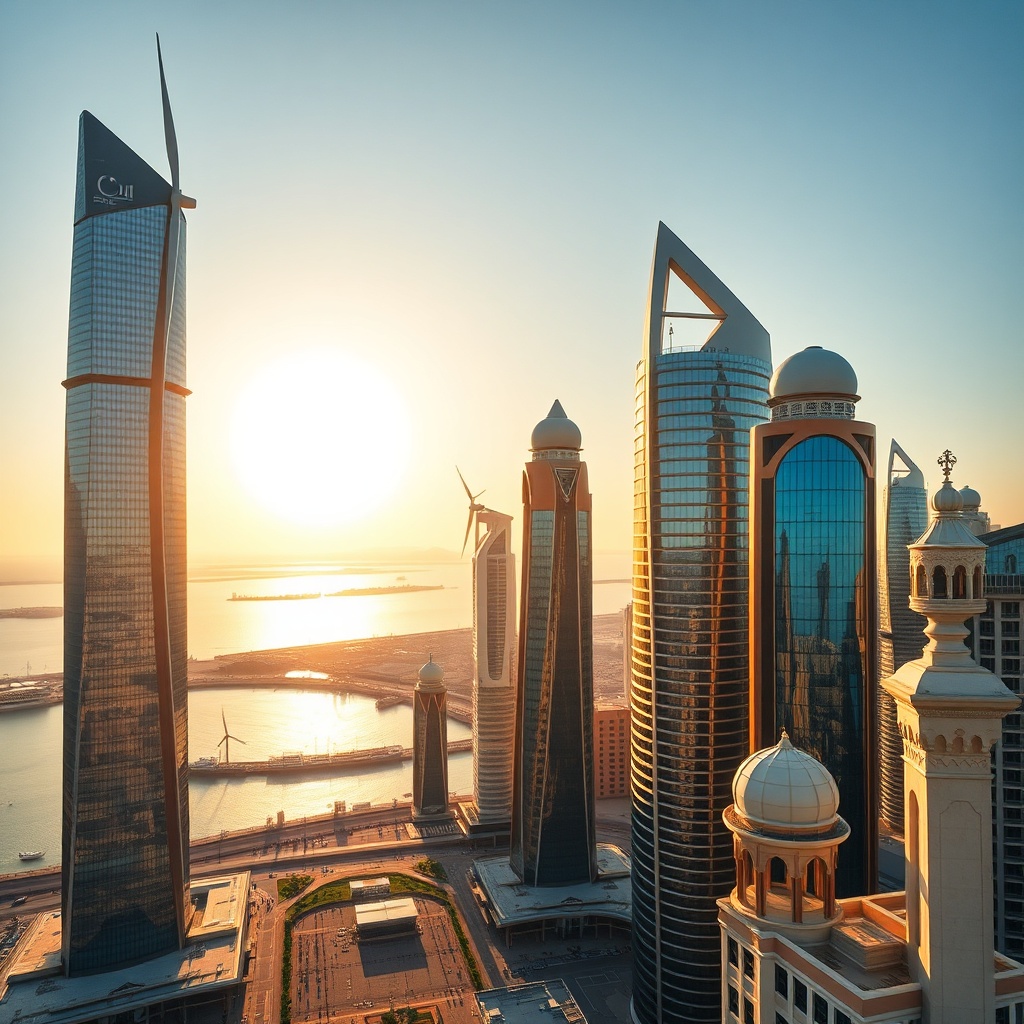 Vue panoramique de Manama, la capitale du royaume de Bahreïn, mêlant gratte-ciels modernes et architecture traditionnelle au coucher du soleil.