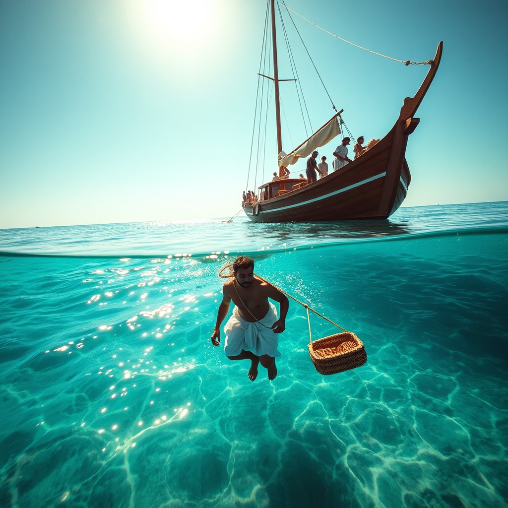 Plongée traditionnelle pour la perle de Bahreïn dans les eaux turquoise du Golfe persique, avec un plongeur et une dhow en bois au coucher du soleil.