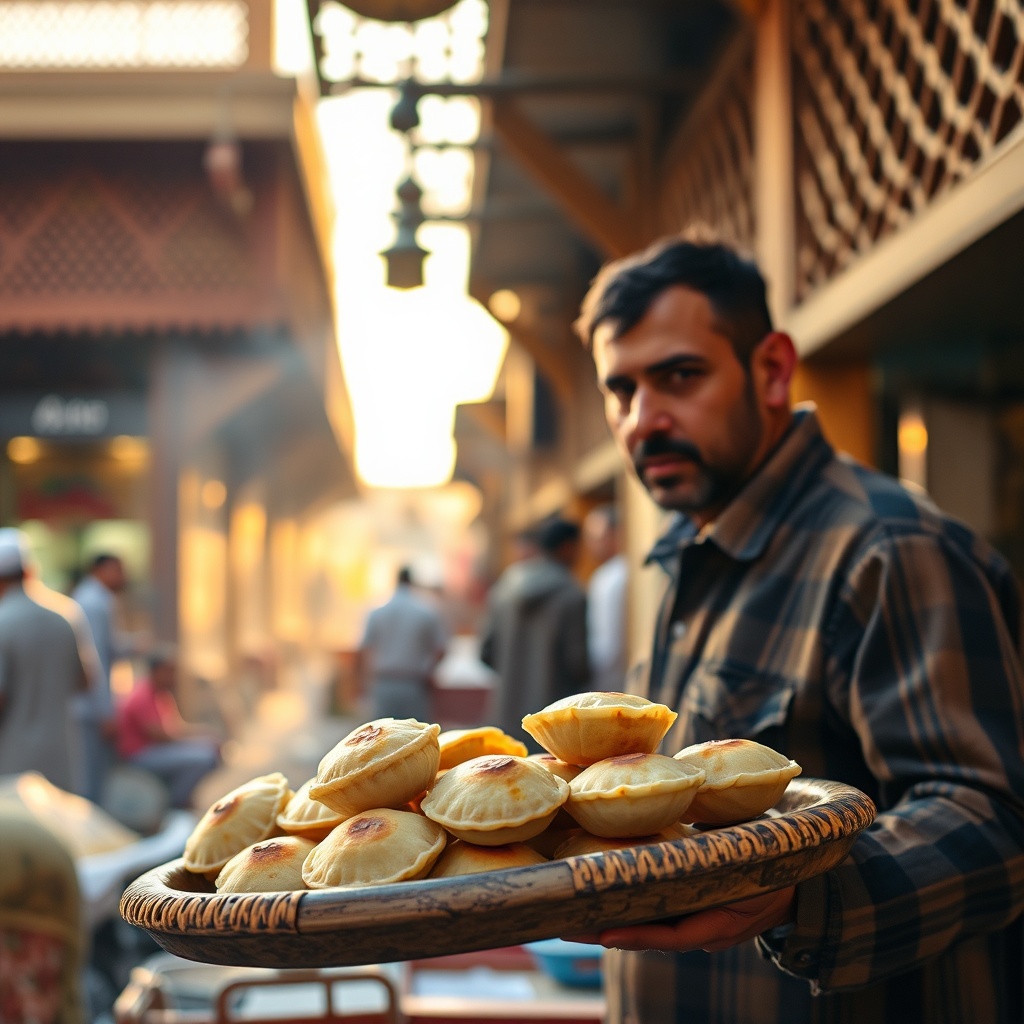 Un voyageur découvre les saveurs locales dans un souk pour savoir comment économiser sur un voyage à Bahreïn grâce à la cuisine de rue.