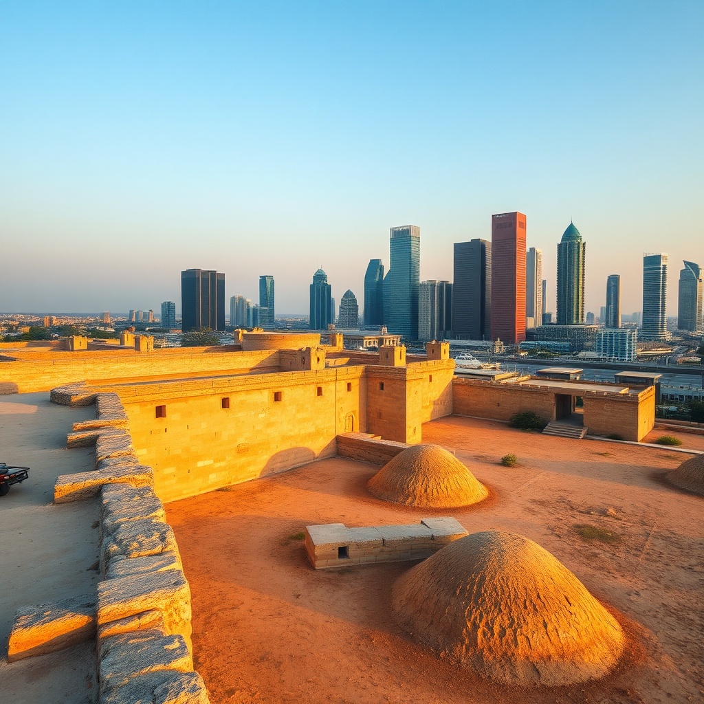 Aerial view of the ancient Bahrain Fort with the modern Manama skyline in the background, showcasing the unique blend of heritage and modernity when visiting Bahrain