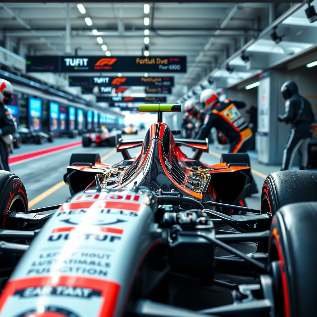 Formula 1 Bahrain Grand Prix pit garage, mechanics inspecting hybrid engine and sustainable fuel system on a new-generation race car