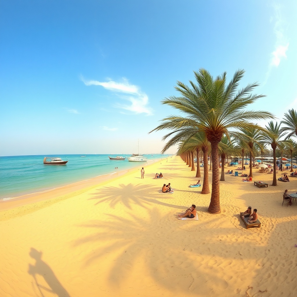 Familles profitant d'une journée ensoleillée sur la plage publique d'Al Jazayer, l'une des meilleures plages de Bahreïn avec son sable doré et ses eaux turquoise.