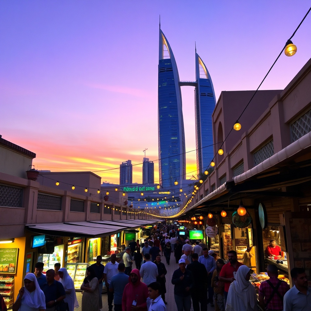 Vibrant evening scene at Bab Al Bahrain souq in Manama with traditional market stalls and modern skyscrapers, a must-see experience when visiting Bahrain